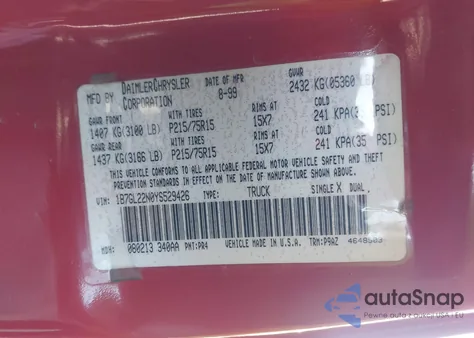 2000 Dodge Dakota Slt/Sport из США, поврежденный, VIN 1B7GL22N0YS529426